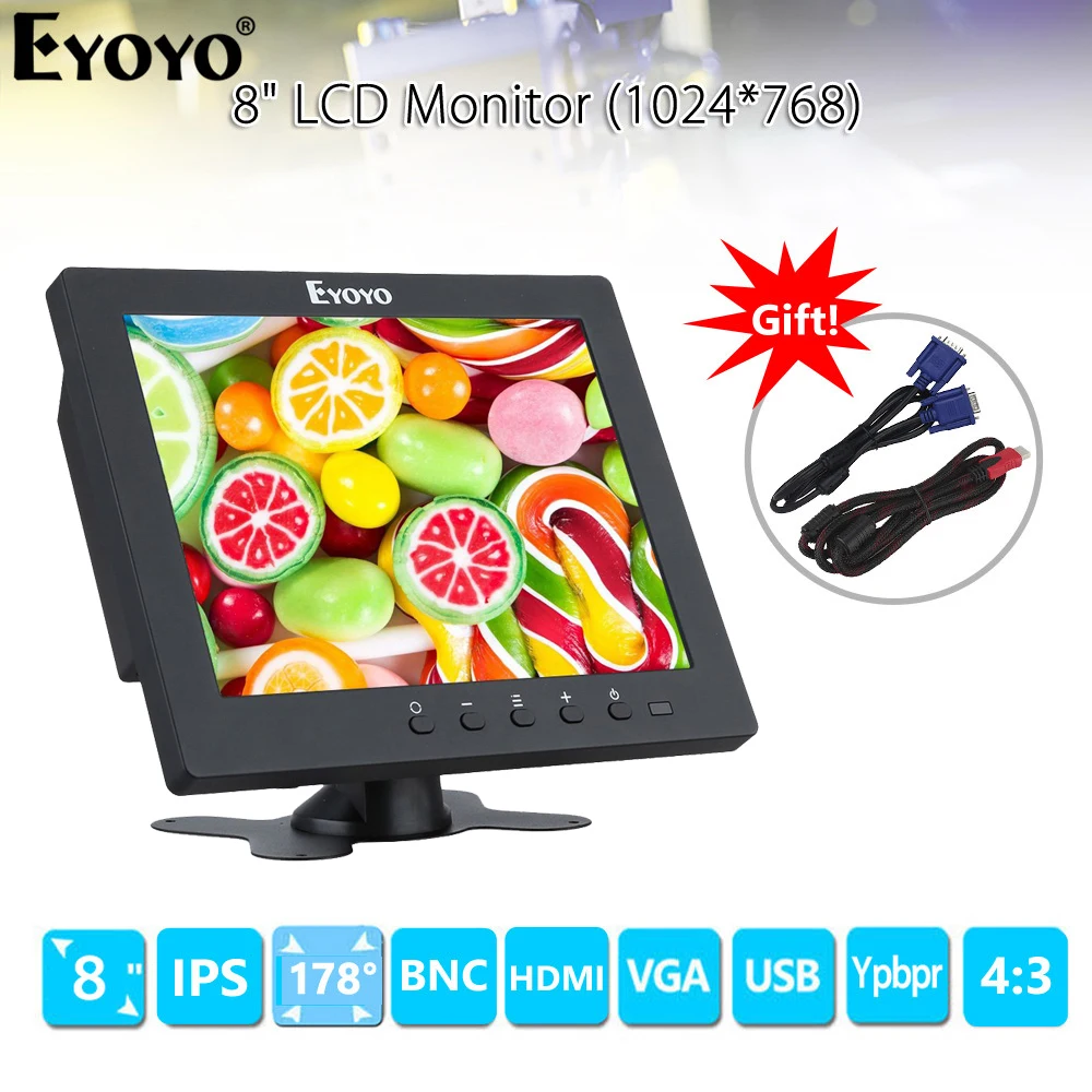 EYOYO EM08C 8 дюймов IPS ЖК дисплей монитор 1024X768 VGA с байонетным коаксиальным разъемом HDMI