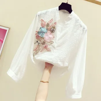 

2020 Spring New Sequined Embroidered Flower V-neck Long-Sleeve Shirt Women's Casual Flower Blouses Female White Tops