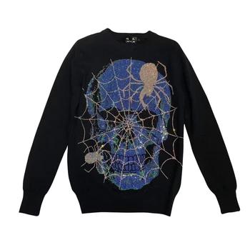 

New Brand Wool Sweater Mens Designer Sweater Autumn Winter Fashion Knitted Pullover Men Rhinestone Spider web big Skull Sweater