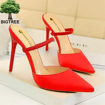 

BIGTREE Summer Women Outdoor Slippers Concise Solid Silk Pointed Toe High Heels Comfort Elastic Band Shallow Slippers Fashion