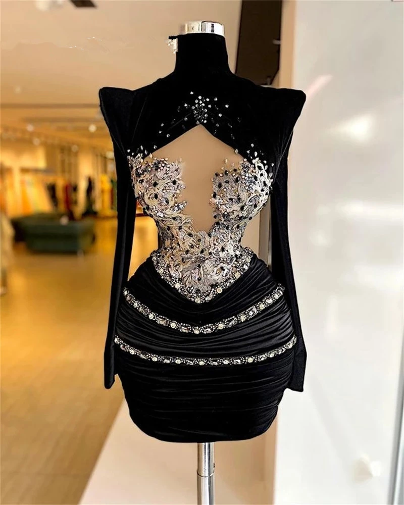 2022 Black Velvet High Neck Short Prom Dress Evening Dresses For Women Mermaid Beaded Crystal Party Gown Pleats Mini Robes white prom dress