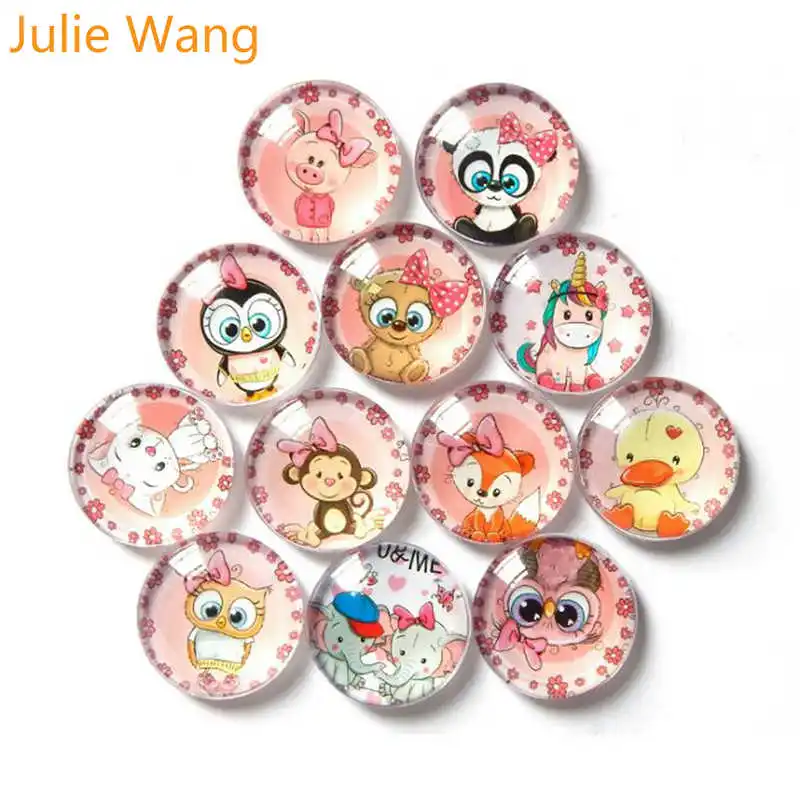 

Julie Wang 8-30mm Glass Cartoon Animals Cabochons Round Photo Random Mixed Demo Fat Back Jewelry Making Accessory findings