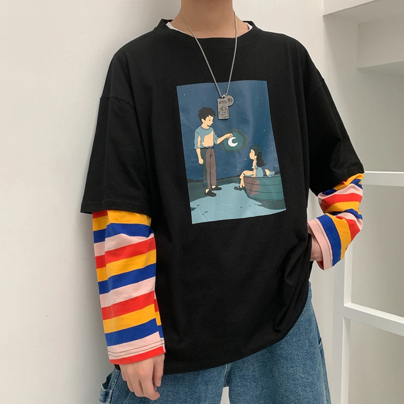 

2019 Autumn New Korean Version Of The Trend Of Long-sleeved Fake Two Pieces Of Loose Printing Super Fairy Net Red Casual T-shirt