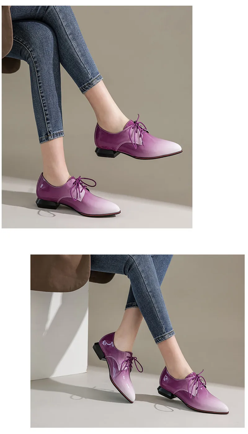 Large Size 33-50 Women Flats Sexy Gradient Patent Leather Low-Heeled Oxford Shoes For Woman 2020 Pointed Toe Lace-Up Lady Flats (42)