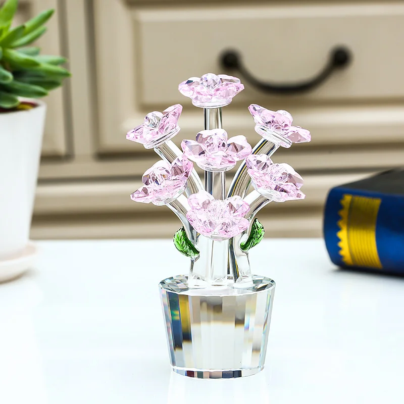 

Pink Crystal Sunflower Figurines Unfading Bouquet Sculpture Ornament Wedding Valentine's Day Favor Gifts Home Table Decors
