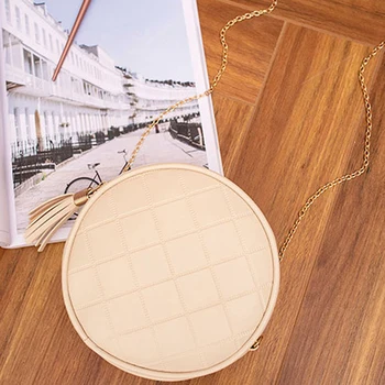 

Ladies Purses With Tassel Diamond Lattice Small Round Bag Leather Soft Chains Crossbody Shoulder Bag Handbag For Women 2020