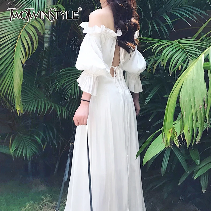 TWOTWINSTYLE Elegant Summer Dress Women Slash Neck Off Shoulder Lantern Long Sleeve High Waist Patchwork Ruffles Dresses Female TWOTWINSTYLE Elegant Summer Dress Women Slash Neck Off Shoulder Lantern Long Sleeve High Waist Patchwork Ruffles Dresses Female