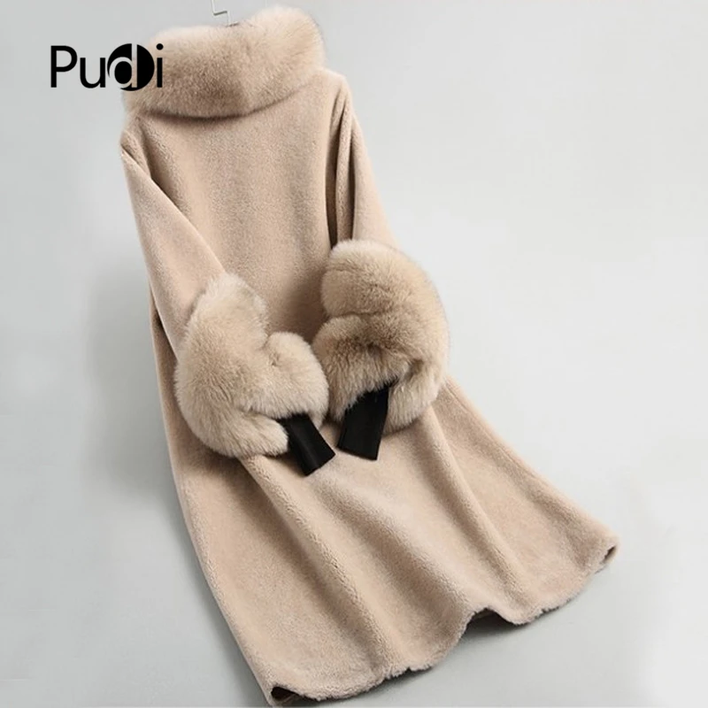 PUDI A19003 женская шуба из натуральной овечьей шерсти, женская шуба с лисьим воротником, зимняя теплая шуба из натурального меха, зимнее теплое пальто