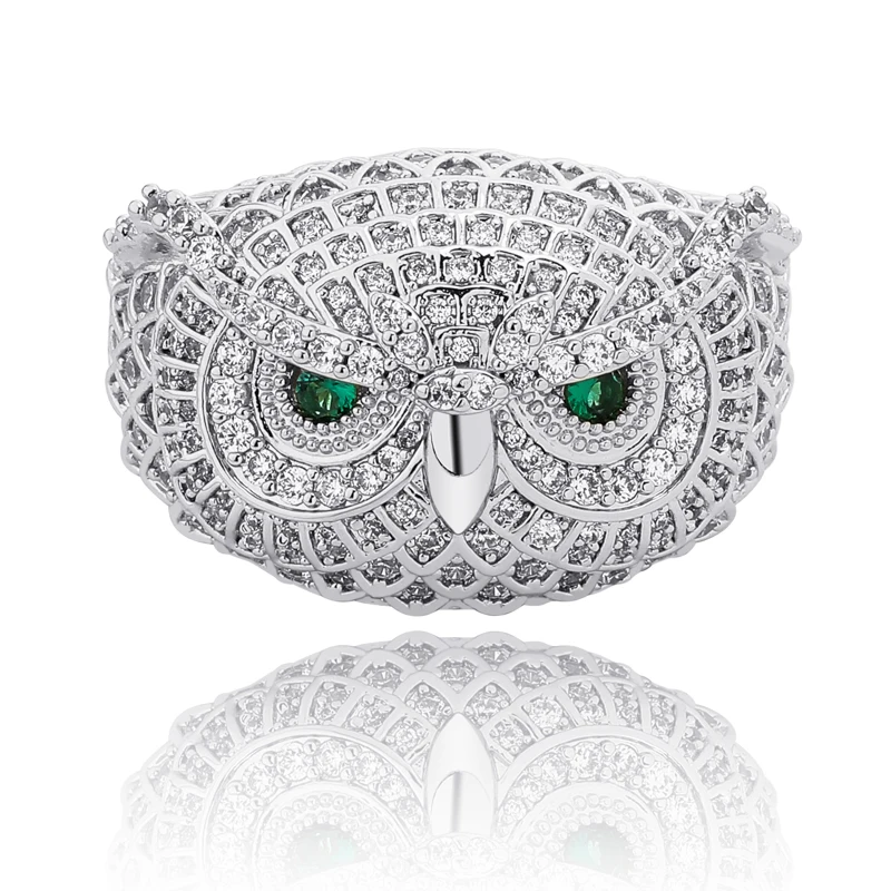 JINAO хип хоп микро проложили зелеными глазами сова золото серебро Цвет Bling Iced Out кубический циркон кольцо Роскошные ювелирные изделия подарок - Цвет основного камня: Silver