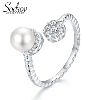 

SODROV 925 Sterling Silver Pearls Ring Resizable Engagement Wedding Jewelry For Women R038
