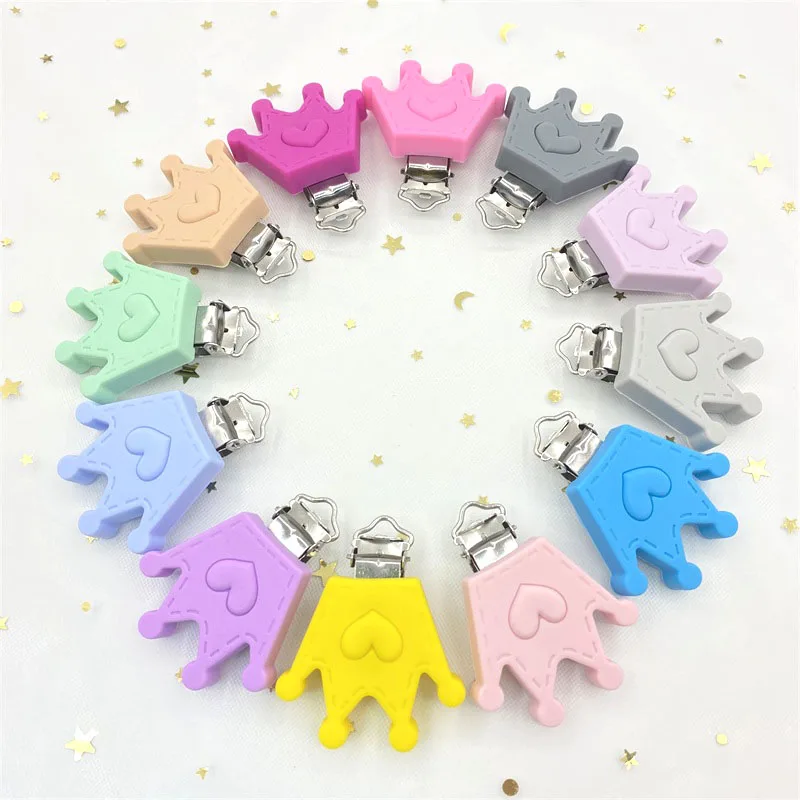 Pacifier Clip 3Pcs Silicone Crown Pacifier Clips Food Grade Silicone DIY Baby Teether Necklace Bead Soother Chew Toy Dummy Clips