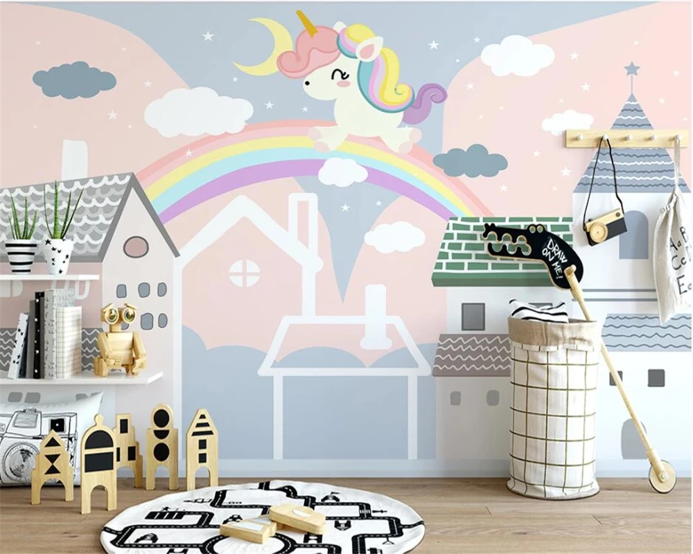 

beibehang Custom Nordic hand-painted cartoon small house unicorn children's room interior background papel de parede wallpaper