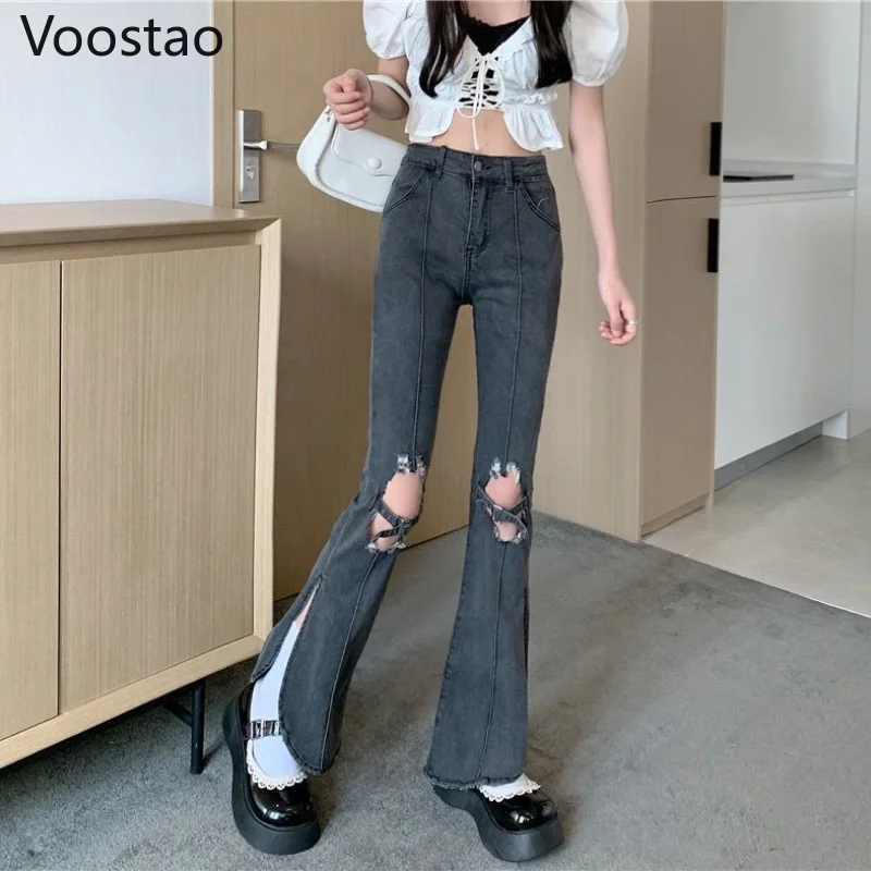 

Gothic High Waist Denim Pants Vintage Women Chic Broken Hole Slim Punk Flare Pants Female Harajuku Y2K Jeans Cute Split Trousers