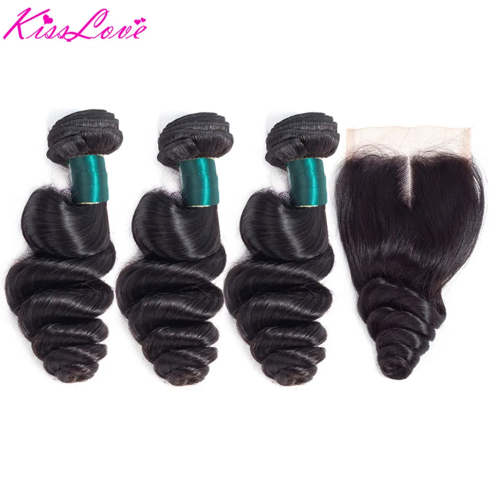 

Бразильские свободные волнистые пучки с закрытыми волосами, пучки натуральных волос, 3 пучка с кружевной застежкой, волосы Kiss Love Remy