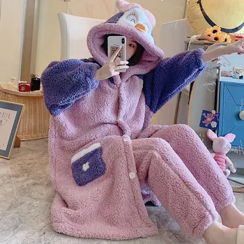 

Lamb Cashmere Pajamas Women Winter Thickened Flannel Long robe Sweet cute Princess Home Service Suit outer Wear