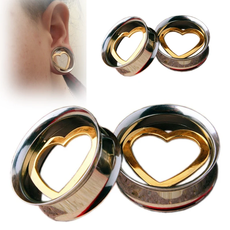 Pair Stainless Steel Ear Tunnel Hollow Heart Ear Plugs And Gauges Flesh