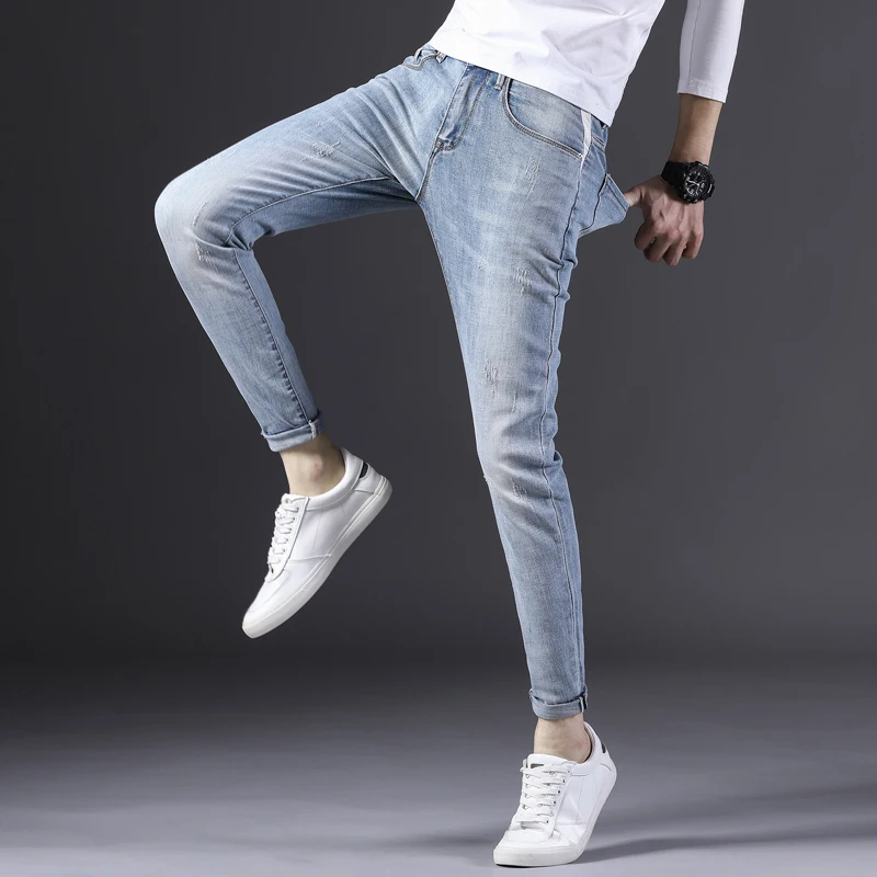 Reviews Men's Slim Fit Jeans high Leisure waist jeans Street fashion style stretch pants Man Bottoms Damaged by washing Ankle pants