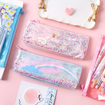 

1 Pcs Kawaii Rainbow Unicorn Flowers Pencil Case Shining Sequins PU Pencilcase School Pencil Bags Box Pouch Gift Stationery