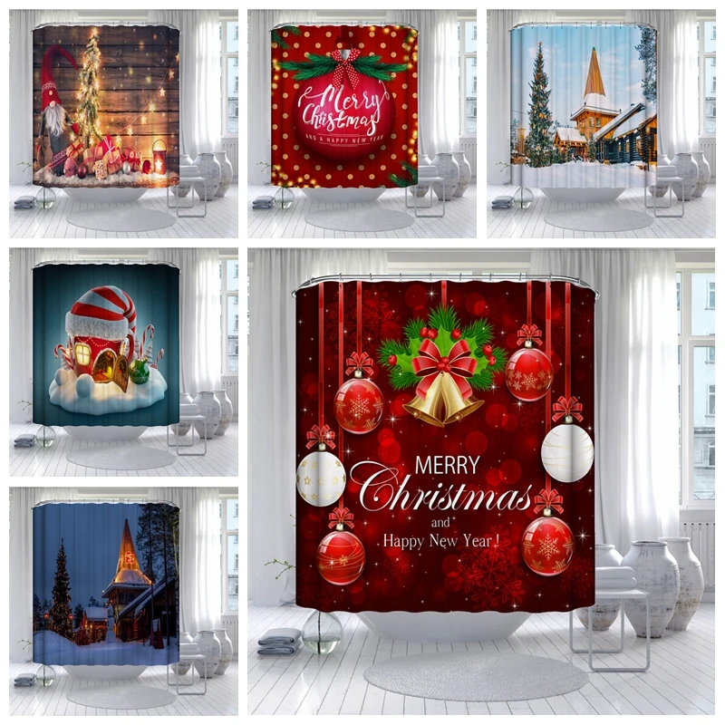 

Bath Curtains 2021 New Santa Holding Gifts With Red Christmas Hat Shower Curtain Waterproof Hotel Restaurant Home Bathroom Decor