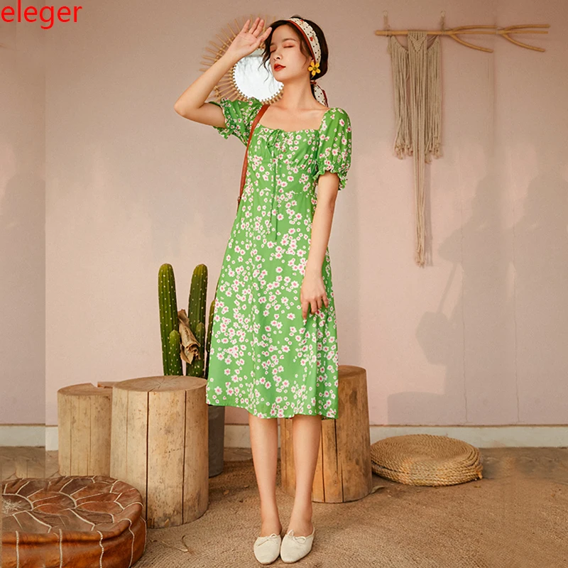 

Floral Print Women Green Chiffon Dress Summer Elegant Midi Vintage Party Dress Boho Tropical Vacation Beach Sundress Runway 2020