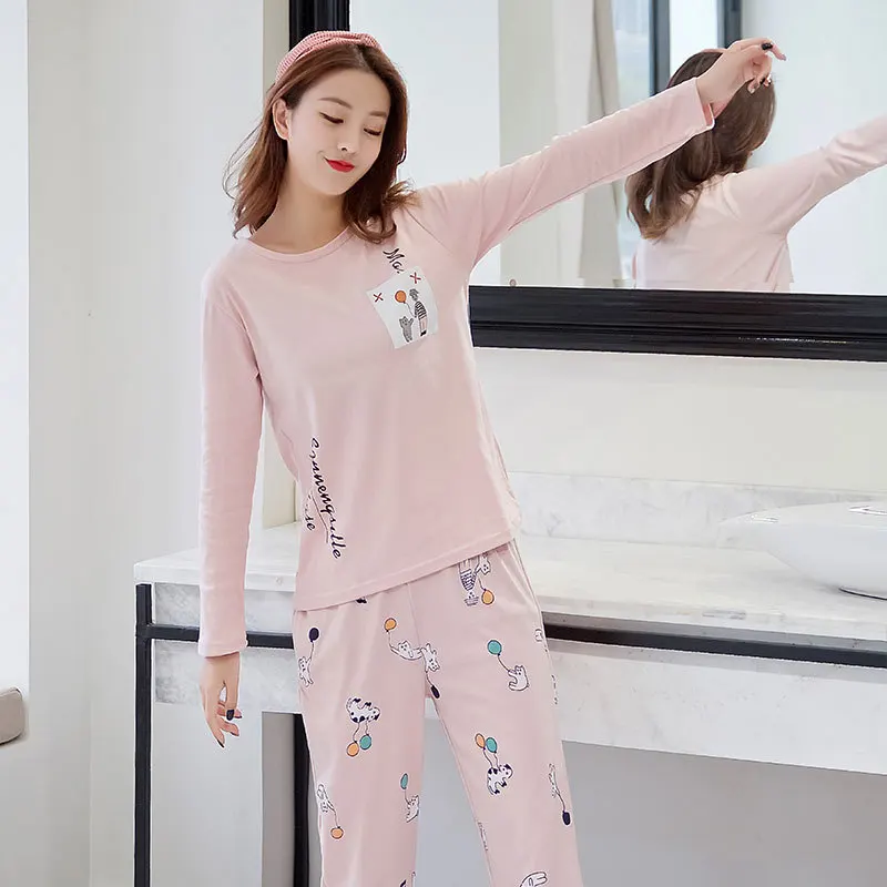 Cute Pink Пижама женская комплект теплая пижама для женщин новые пижамы с рисунком из мультфильма домашний костюм с рисунком Женская милая домашняя одежда с длинным рукавом Sleepwear - Цвет: Cute Pink