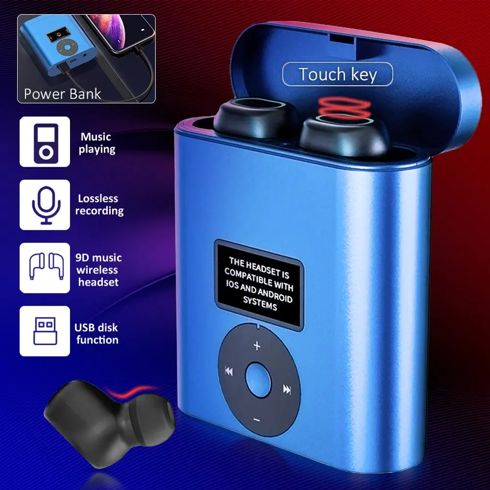 

Bluetooth headset with 8GB voice recorder touch control MP3 player e-book reading mobile power charger USB disk function