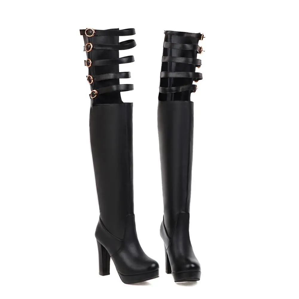 black(thick plush) PQECFS/большой размер 32-43, высококачественные зимние модные пикантные женские сапоги для верховой езды с пряжкой на высоком квадратном каблуке 2 цвета - Цвет: black(thick plush)