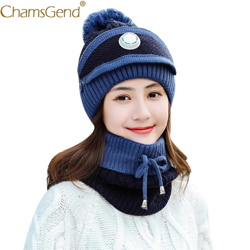 Winter Knit Set Women Girls Patchwork Ball Hat Skullies Beanies Lace-up Scarf O Ring Face Mask Woman Ski Cap 9108