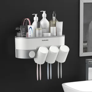 Image 2 - Ванная комната туалетные принадлежности стеллаж для хранения зубная щетка держатель автоматическая Зубная паста диспенсер с чашкой настенное крепление аксессуары набор