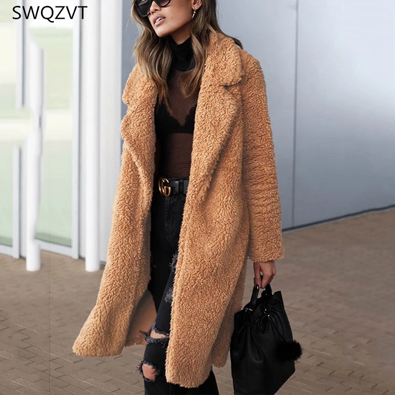 

Turn-down Collar Women Jacket Casual Long Sleeve Warm Fur Women Jacket Coat Thick Ladies Loose Clothes Women Long Coat Outwear