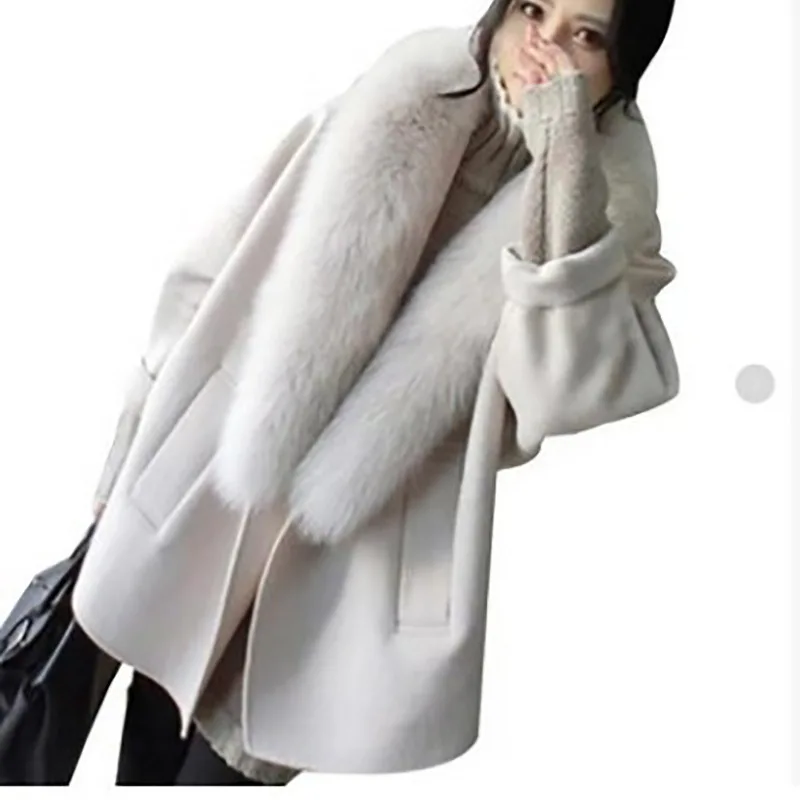 Женское Новое модное осеннее и зимнее шерстяное пальто с животным мехом, теплое шерстяное длинное пальто, уличная одежда