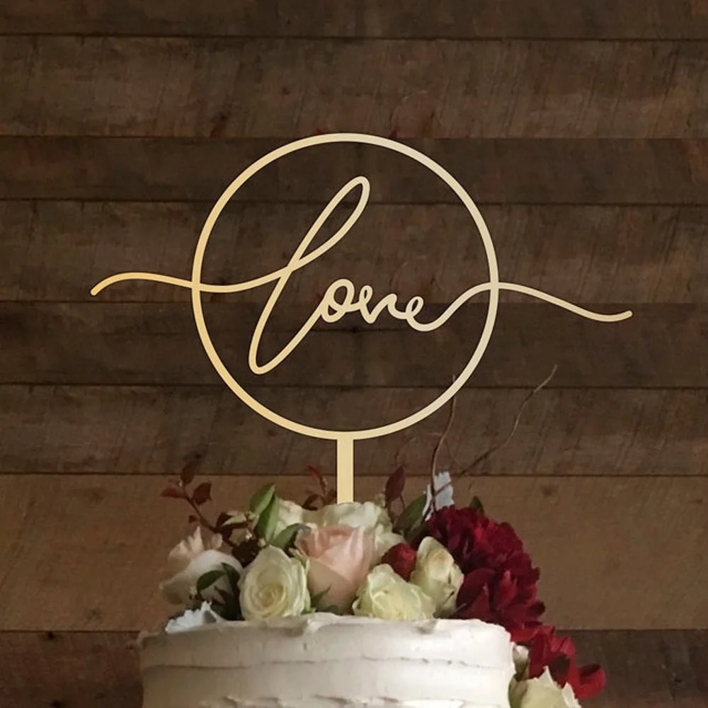 Wooden Love wedding cake topper, Wedding Circle, Party decoration, Modern Cake Topper, LOVE mirror rose gold Cake topper
