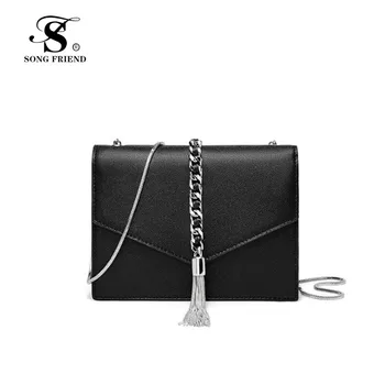 

Fashion chain lady's handbag tassel chain designer small square bag inclined cross cowhide shoulder fashion women leather bag