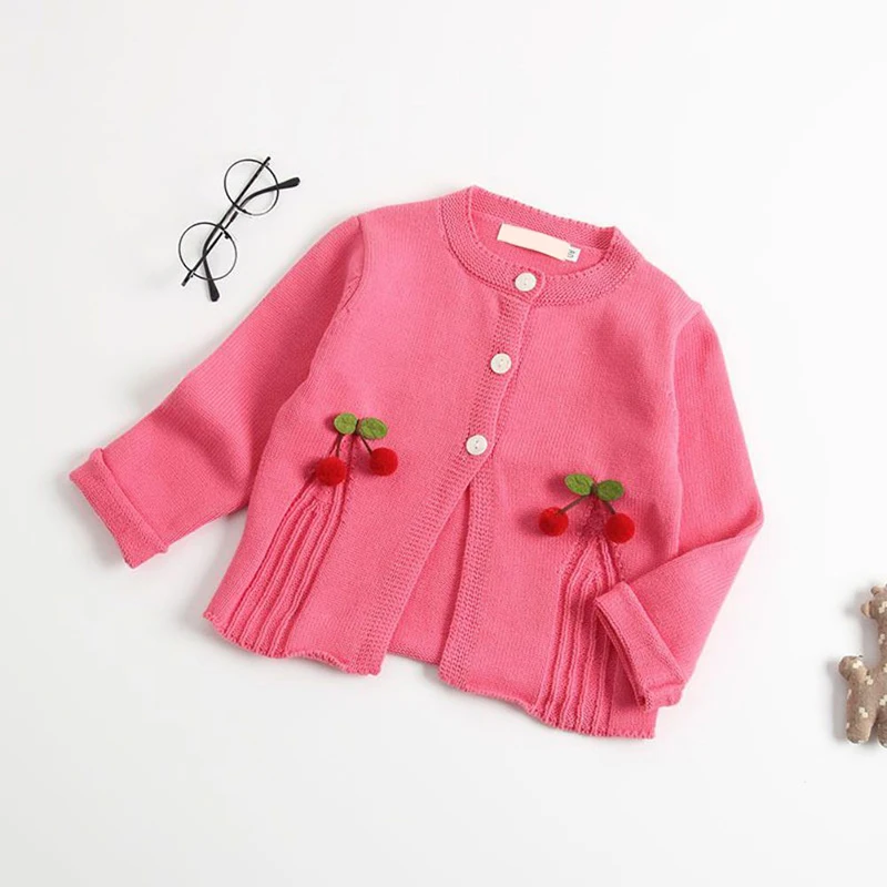 Baby Girl Sweater Coat Baby Girls Cotton Cute Solid Color Cherry Knit Cardigan Autumn And Winter