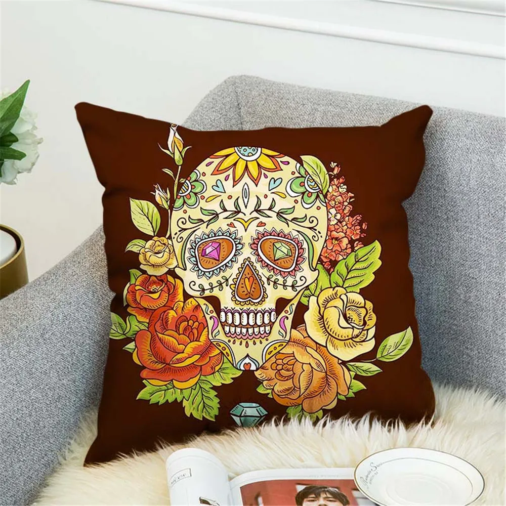 Throw Pillow Case Skull Cushion Pillow Cover Cotton Linen Pillowcase Square for Home Sofa Bed Decor 45x45cm