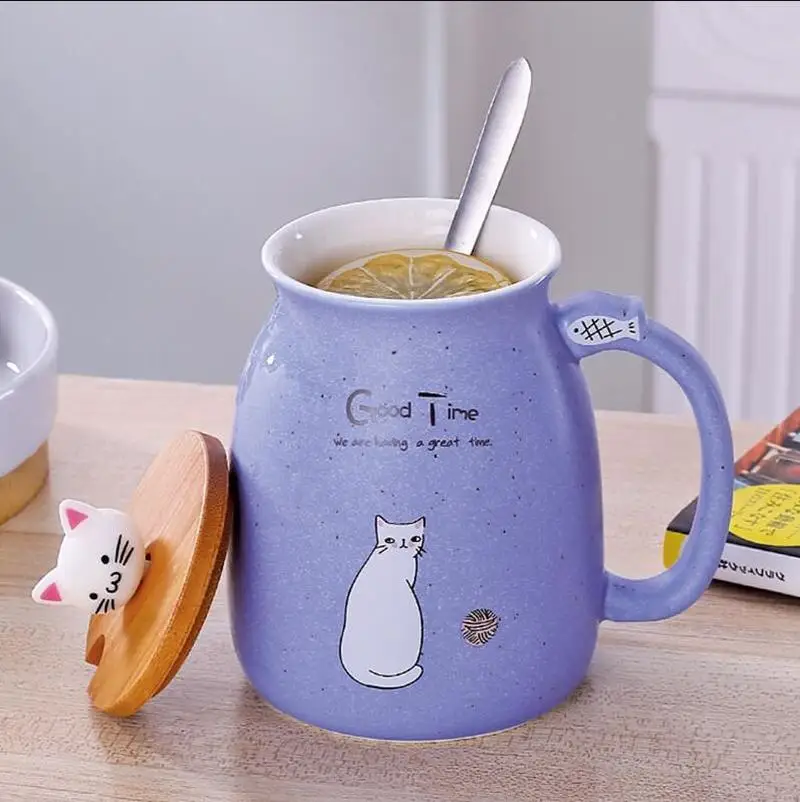 Чашка для кошек, котенок, молоко, керамическая чашка для кофе, Новая цветная полоса, деревянная крышка, детская чашка, мультяшная керамическая чашка, кунжута, термостойкая чашка