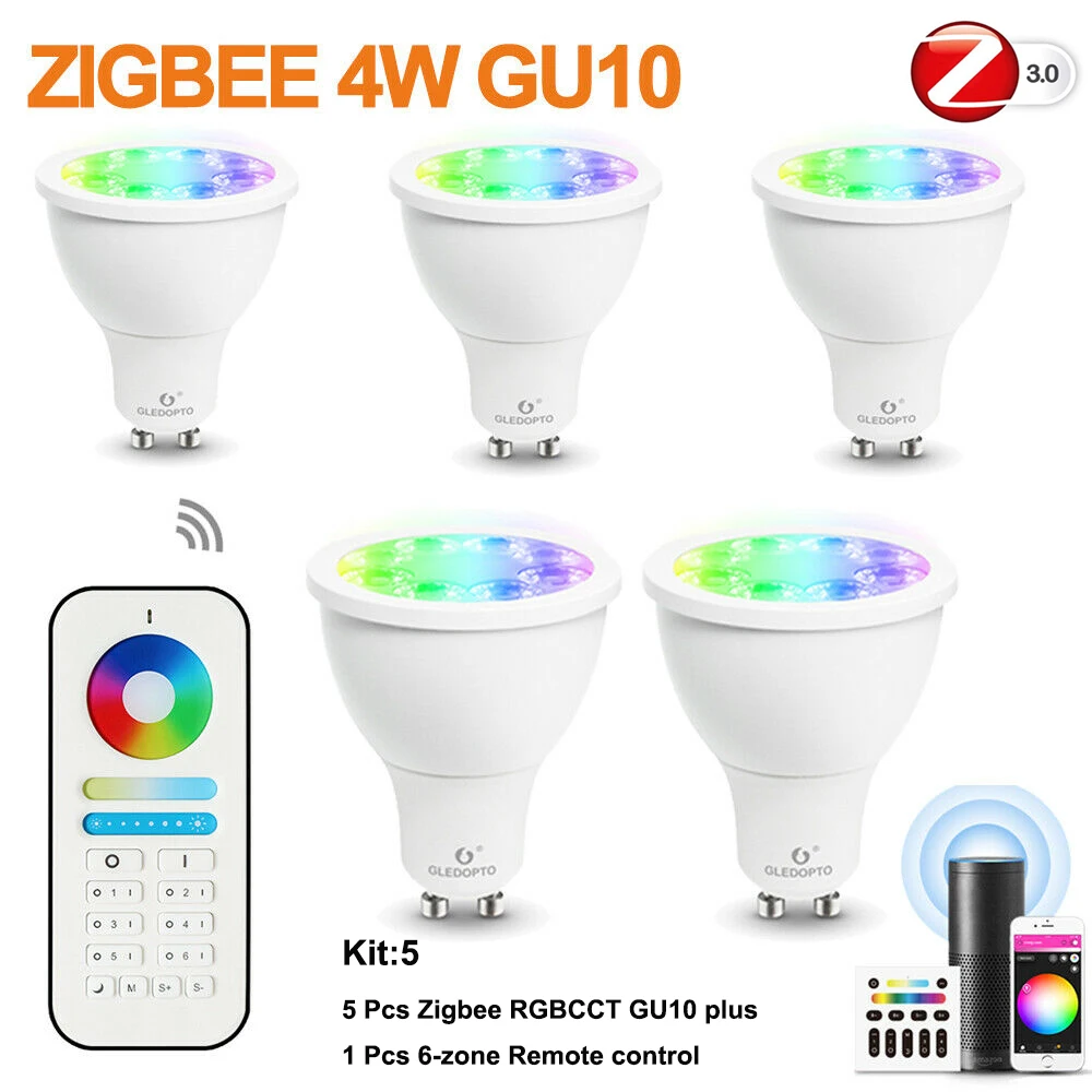 ZigBee Smart 4 Вт GU10 Spotlight RGB+ CCT светодиодный лампы+ 6-зоны РФ Пульт дистанционного управления Комплект работать с Zigbee 3,0 концентратор Alexa Echo плюс пульт дистанционного управления для/Голосовое управление Управление - Испускаемый цвет: Kit-5