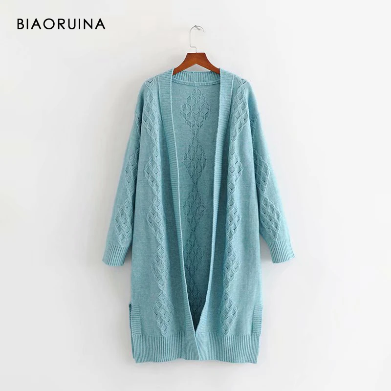 BIAORUINA 3 Color Women's Hollow Out Winding Knit Long Cardigans Female Solid Casual Loose Sweater One Size Women Fashion |