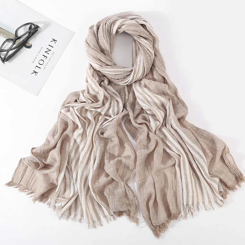 Striped khaki Новинка, японский стиль унисекс, зимний шарф, хлопок и лен, одноцветные, длинные женские шарфы, шаль, модный мужской шарф - Цвет: Striped khaki