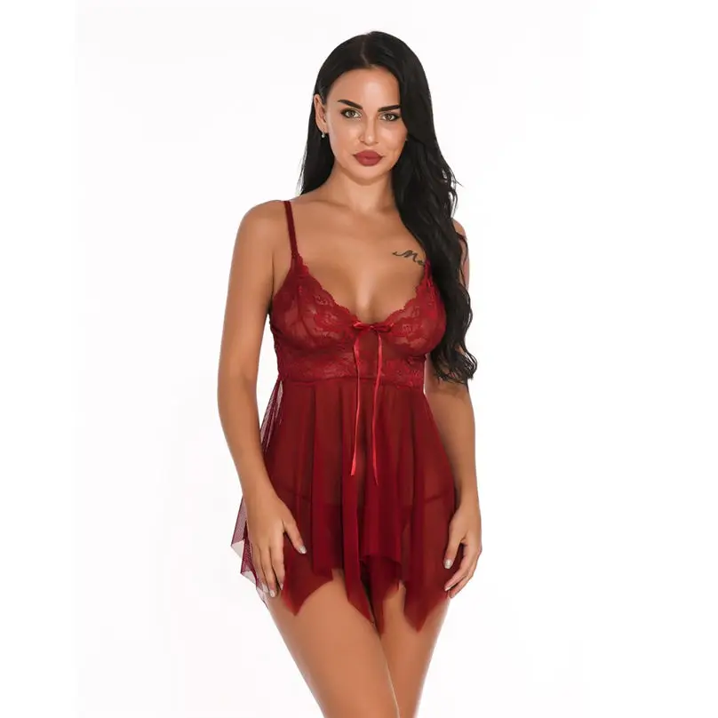 1 Set Sexy Lingerie for Women Erotic Transparent Babydoll Lace V Neck Mesh Sleepwear Dress Lingerie сексуальное белье 3Y29 (18)