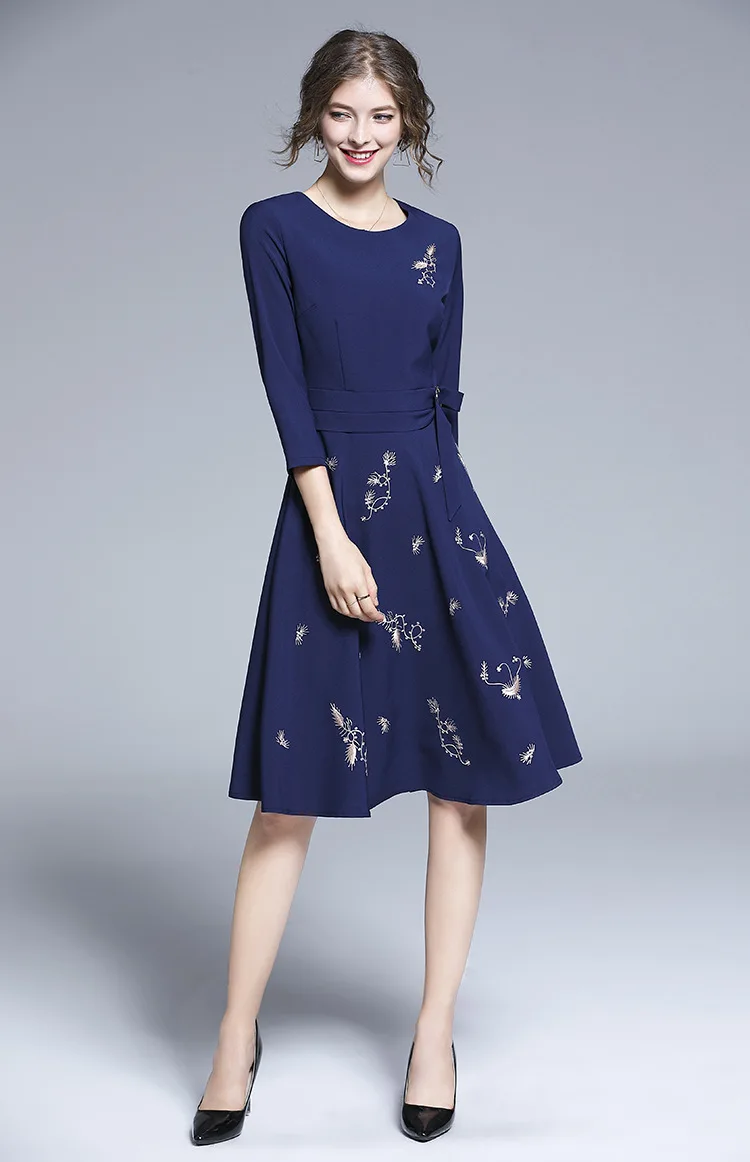 BunniesFairy, осенне-зимнее женское элегантное винтажное ретро платье с цветочной вышивкой, темно-синее платье с рукавом три четверти