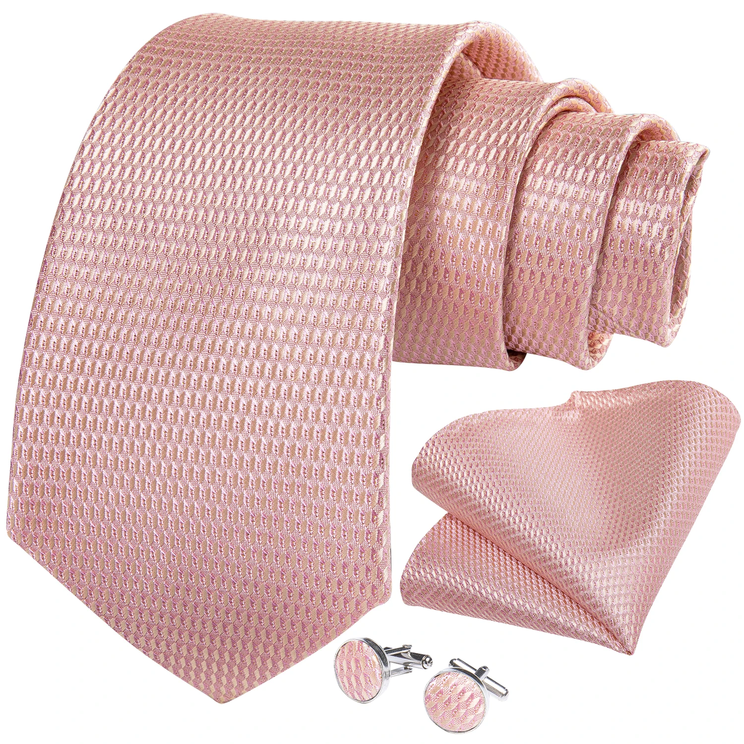 Men Tie Solid Pink Color Formal Wedding Necktie Silk Jacquard Woven Tie Handkerchief Cufflinks For Men Business Suit