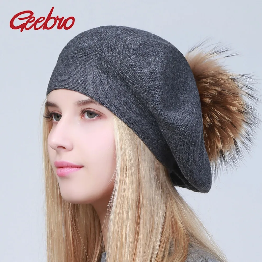 

Geebro Autumn Women Spring Casual Knitted Solid Color Berets With Natural Raccoon Fur Pompon Hats French Female Artist Soft Caps