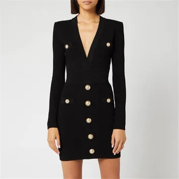 

European White/Black Runway Dress Women Sexy Deep V neck Buttons Long Sleeve Knitting Sweater Dress For Autumn And Winter