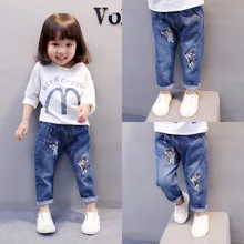 Ковбойские брюки для девочек 19 Весенние новые стильные детские брюки с вышивкой для маленьких детей свободные брюки