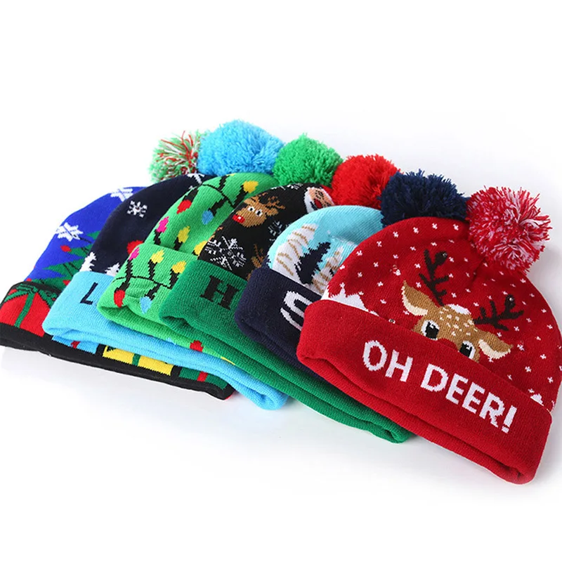 Christmas baby hat Winter Newborn Cute Warm Kids Girls Boys Baby Cartoon LED Light Hats Knitted Wool Hemming Caps With Ball 3y