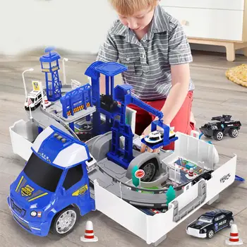 

2 in1 Railway Racing Tracks Electric Car Toys Parking Lot with Light Music Assemble Container Truck