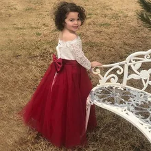 Off the shoulder Dark Red Lace Flower Girls Dresses Bow Knot A Line Floor Length Junior Wedding Party Dresses Boat Neckline