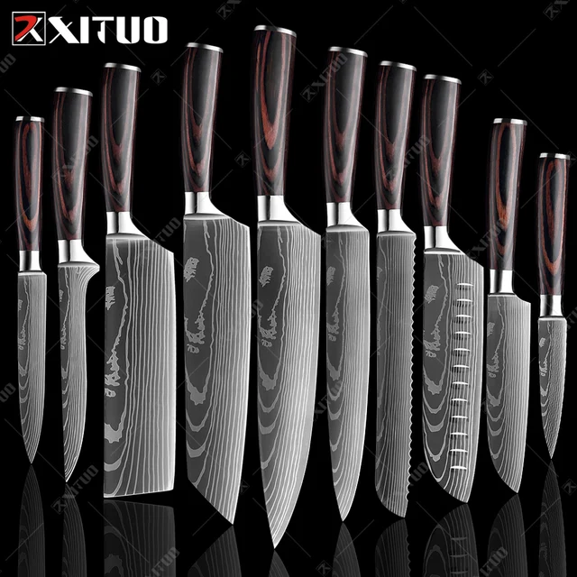 XITUO Chef knife 1-10 Pcs Set Kitchen Knives Laser Damascus Pattern Sharp Japanese Santoku Knife Cleaver Slicing Utility Knife 10 PCS Value set
