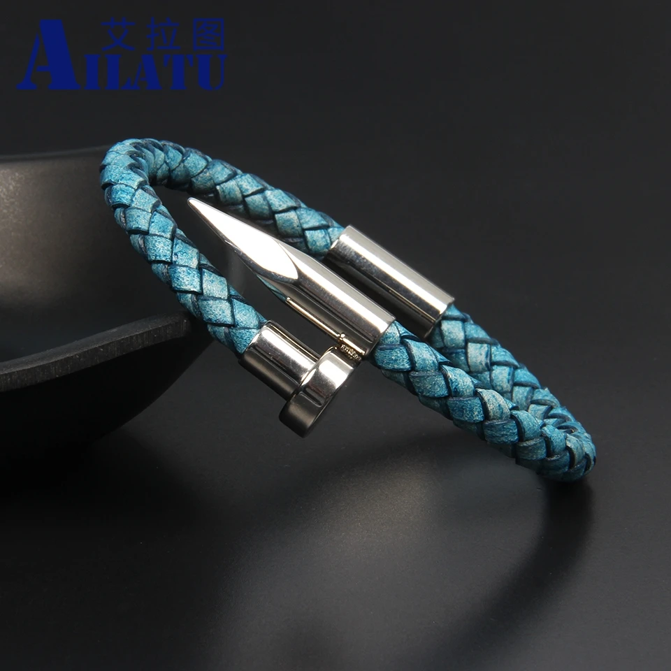 

Ailatu Luxury Genuine Cowhide Leather Men Bracelet Stainless Steel Nail Design Magnetic Clasp Bracelets for Men's Gift
